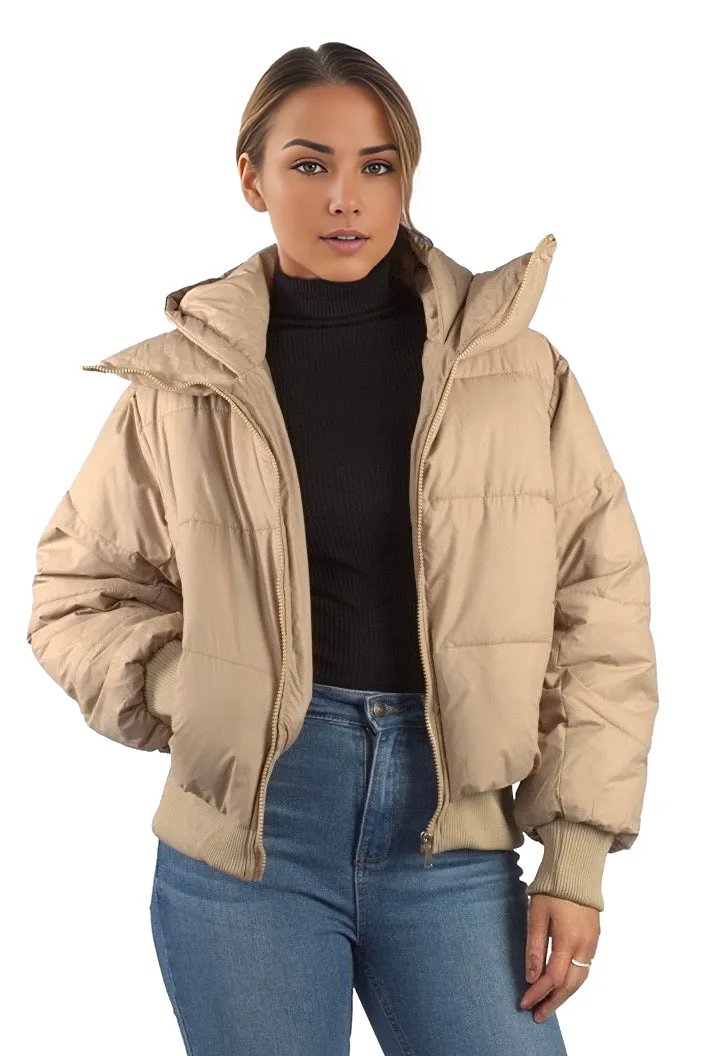 Solid Cropped Padded Jacket With Hood