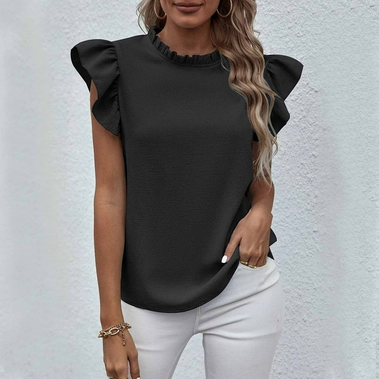 Plain Top Stand Collar Frill Cap Sleeve