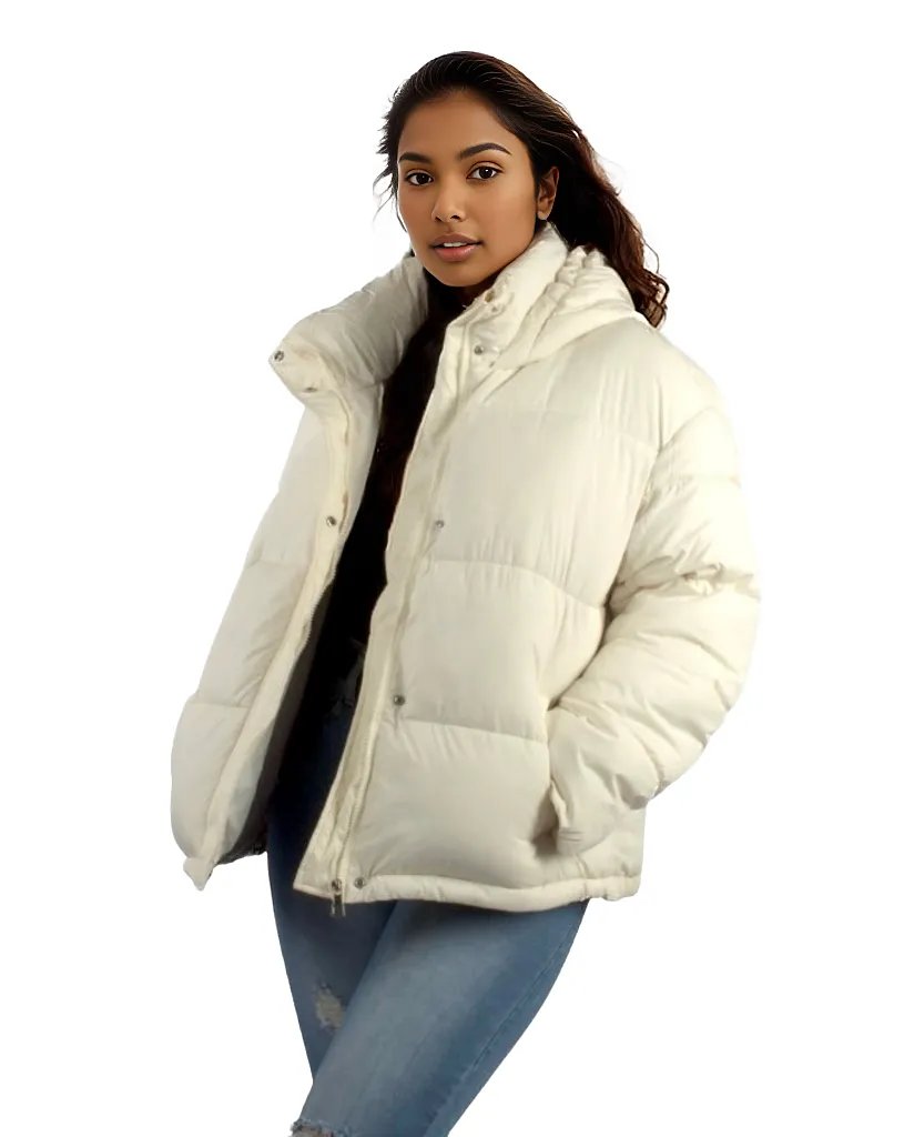 Padded Short Puffer Jacket With Drawstring and Hood