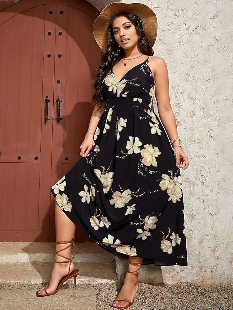 Low V Neck Spaghetti Strap Maxi Floral Dress