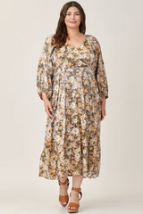 Vintage V Neck Ruched Floral Maxi Dress