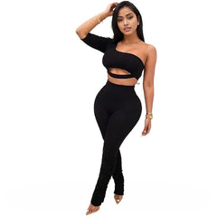 One Shoulder Long Sleeve Workout Sets Gymwear 2PC