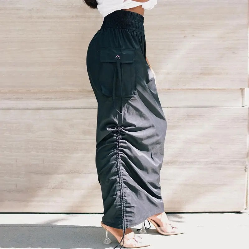 Flap Pocket Drawstring Waist Cargo Skirt