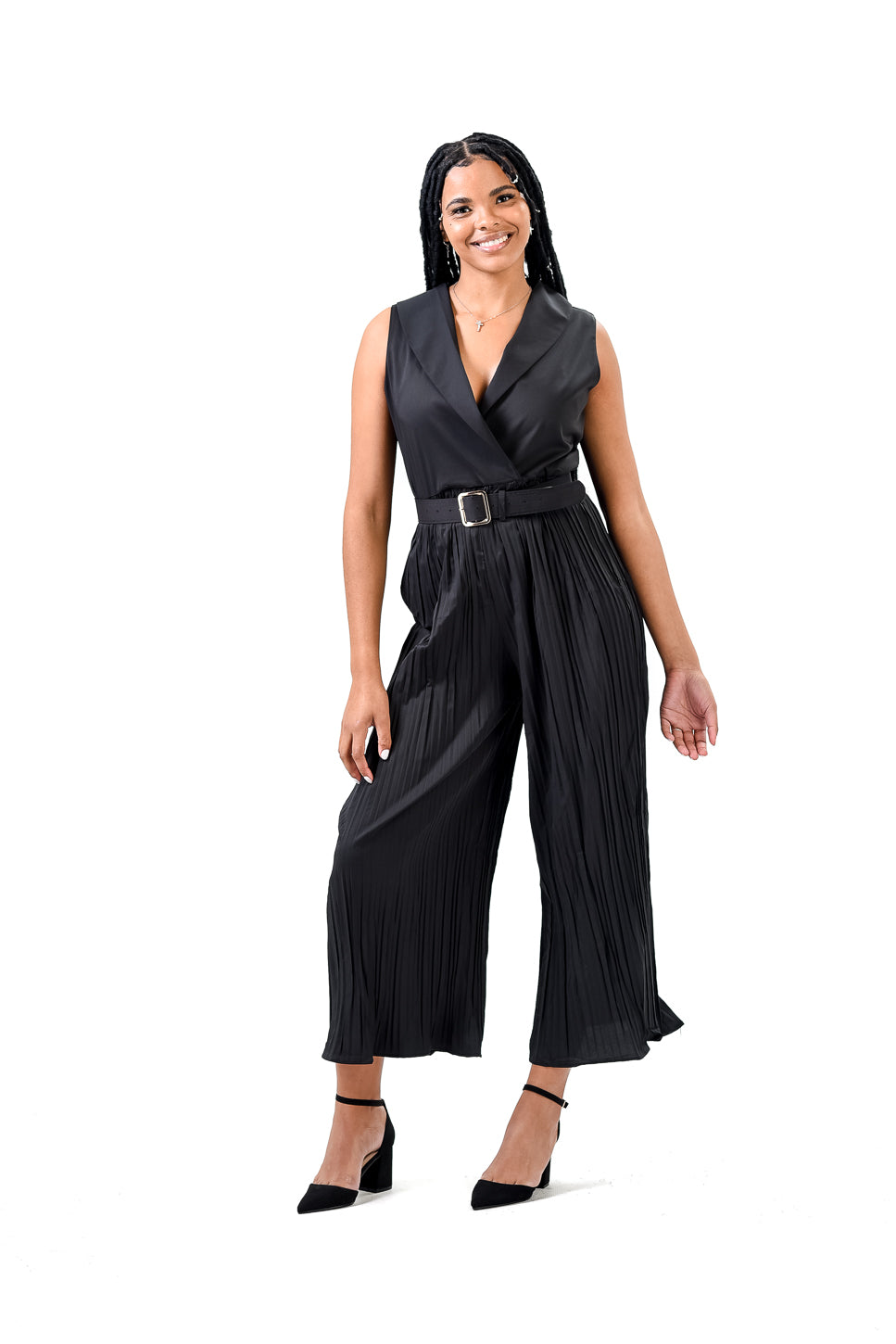 Solid Halter Neck Wide Leg Plisse Jumpsuit