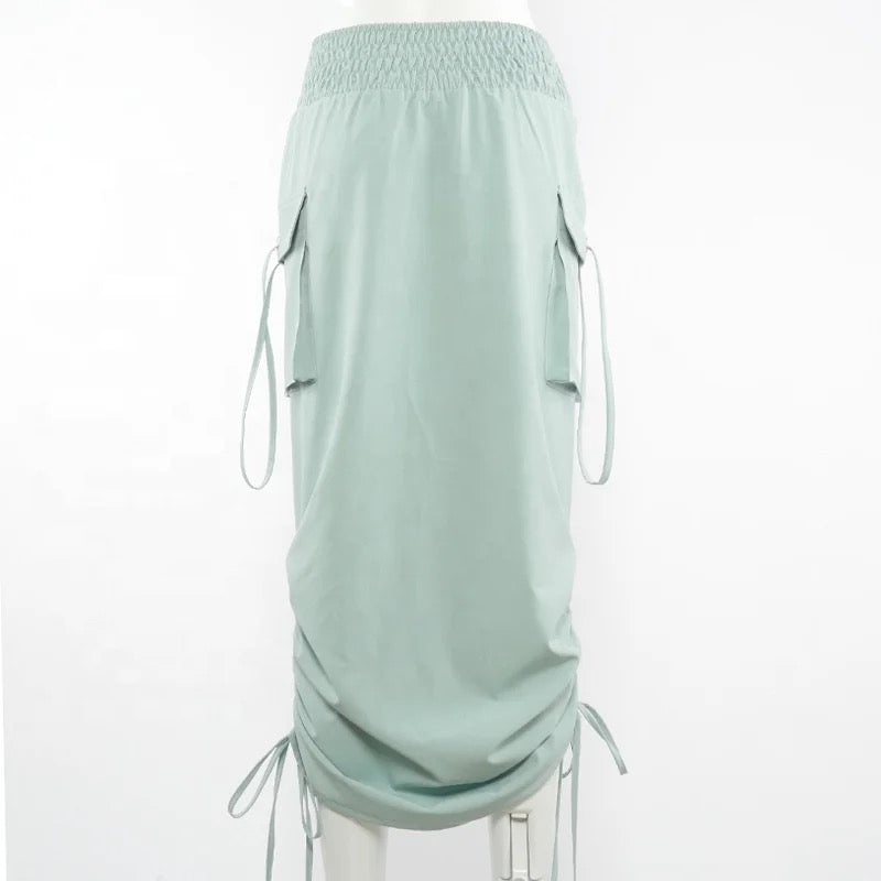Flap Pocket Drawstring Waist Cargo Skirt
