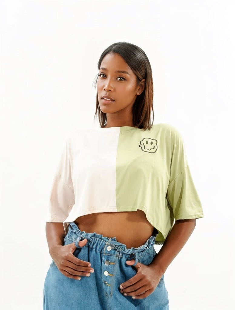 Two Toned Smiley Cropped T-Shirt