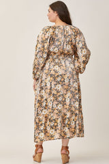 Vintage V Neck Ruched Floral Maxi Dress