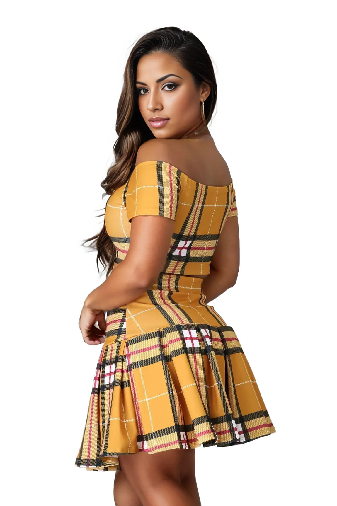 Plaid Off Shoulder Crop Top and Pleated Mini Skirt Set
