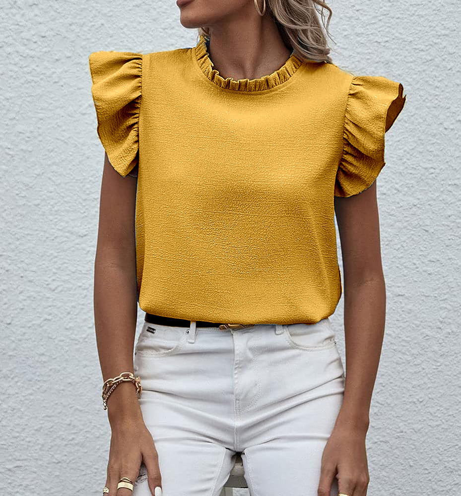 Plain Top Stand Collar Frill Cap Sleeve