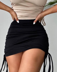 Ruched Ribbed Knotted Mini Drawstring Skirt