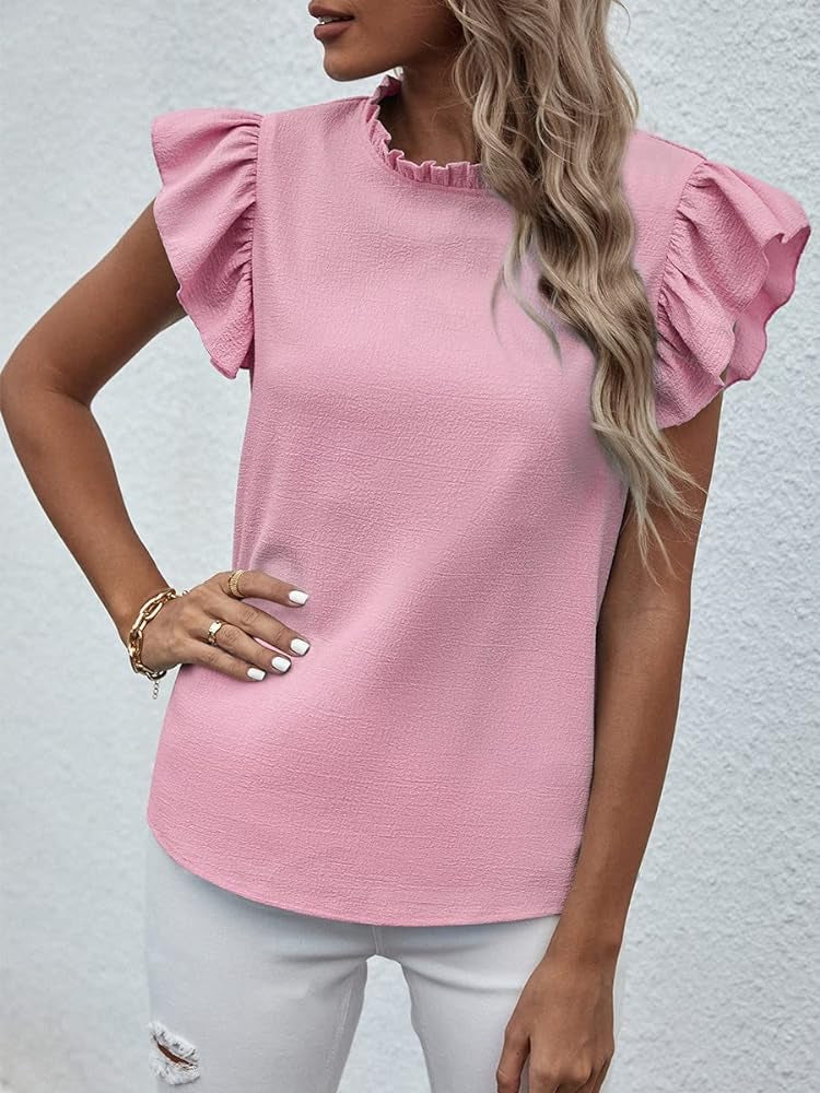 Plain Top Stand Collar Frill Cap Sleeve