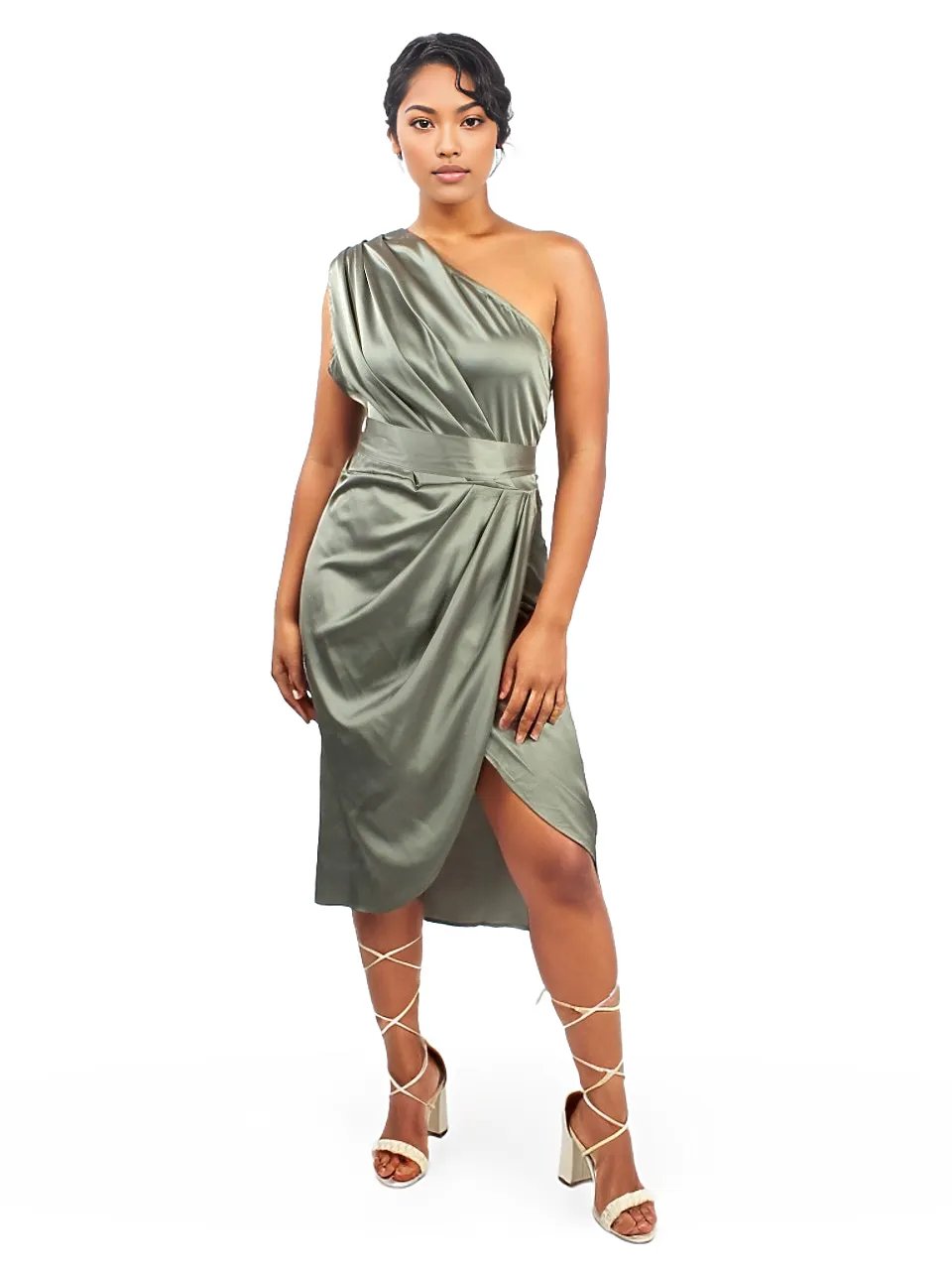 One Shoulder Ruched Satin Pleated Dress