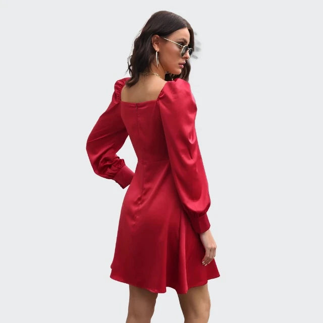 Satin Off Shoulder Puff-Sleeve Dress