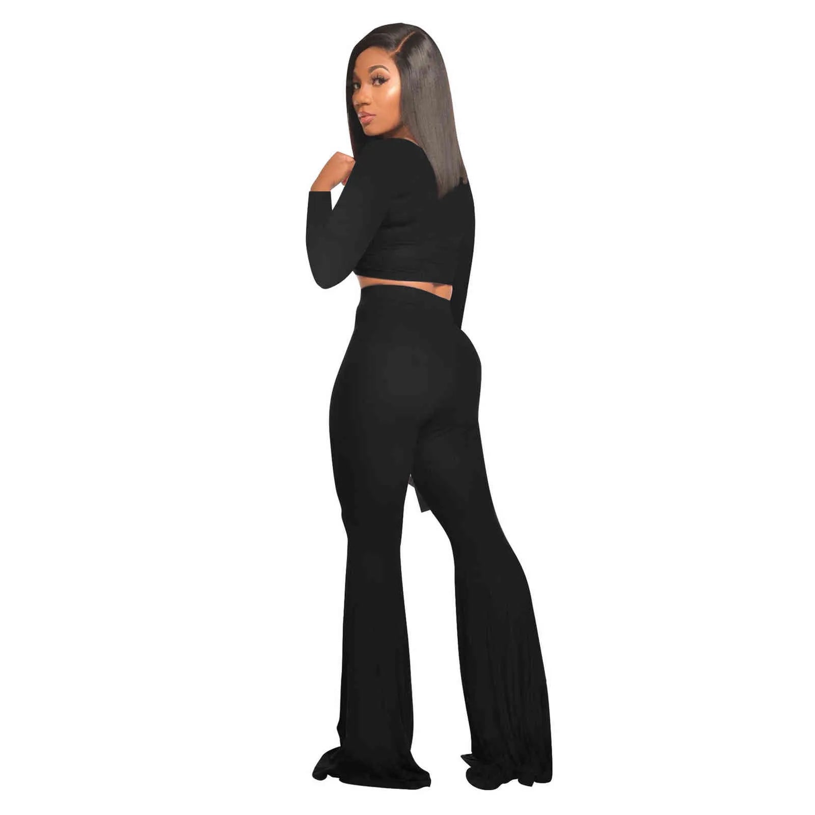 Long Sleeve Crop Top Jogger Flare Pants Outfit Set