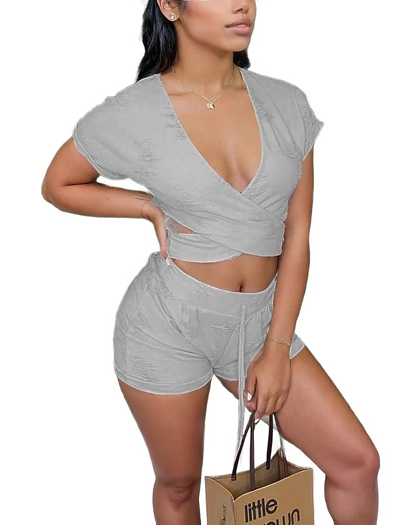 Sheered Hollow Out Two piece Crop Top and Shorts