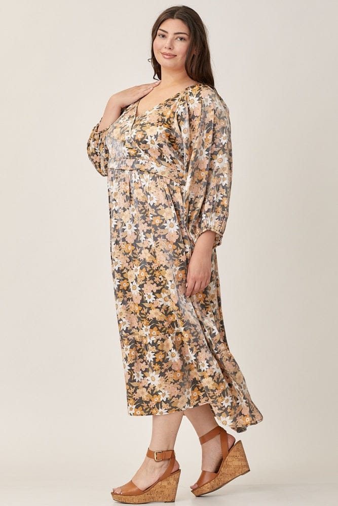 Vintage V Neck Ruched Floral Maxi Dress