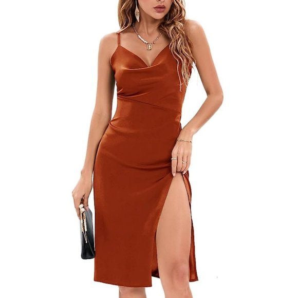 Satin Draped Cowl Neck Sleeveless midi Dress