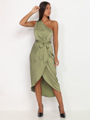 One Shoulder Ruched Satin Pleated Dress