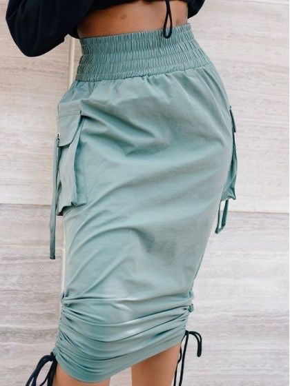 Flap Pocket Drawstring Waist Cargo Skirt