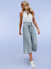 Two Tone Pleated Belted Jumpsuit with black belt