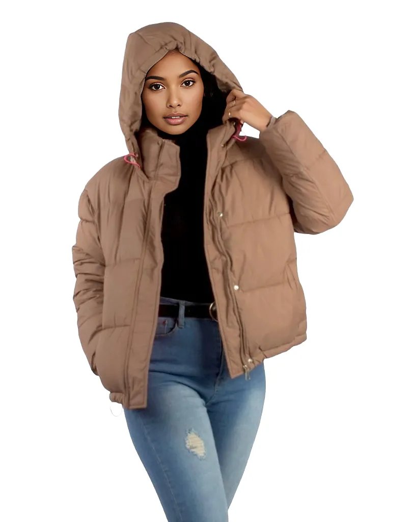 Padded Short Puffer Jacket With Drawstring and Hood