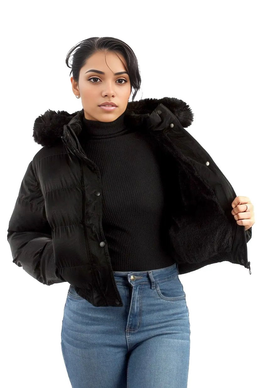 Solid Fur Hooded Padded Coat jacket