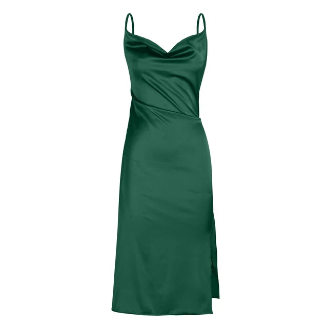 Satin Draped Cowl Neck Sleeveless midi Dress