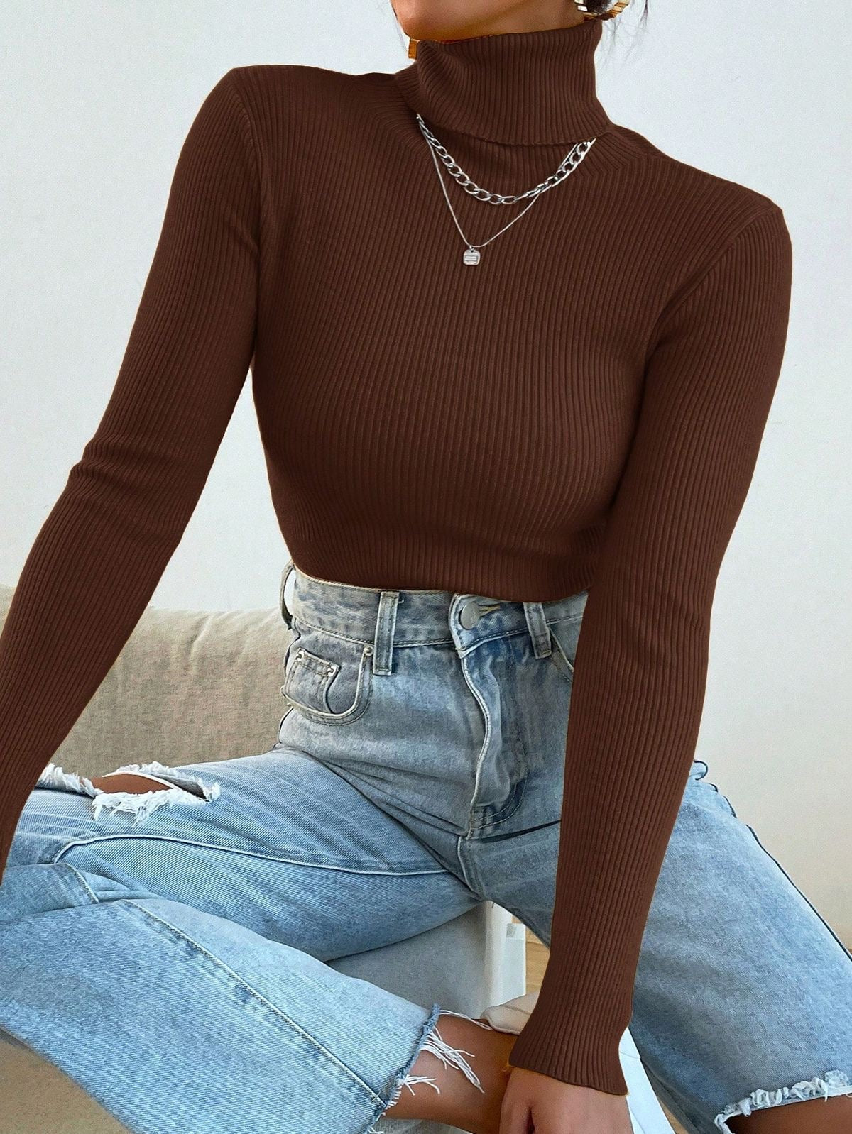 Turtleneck Ribbed Knit Sweater Pullover Jersey