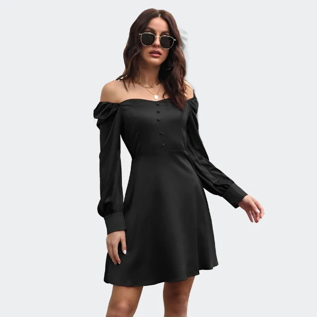 Satin Off Shoulder Puff-Sleeve Dress