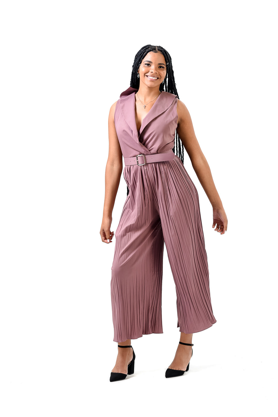 Solid Halter Neck Wide Leg Plisse Jumpsuit