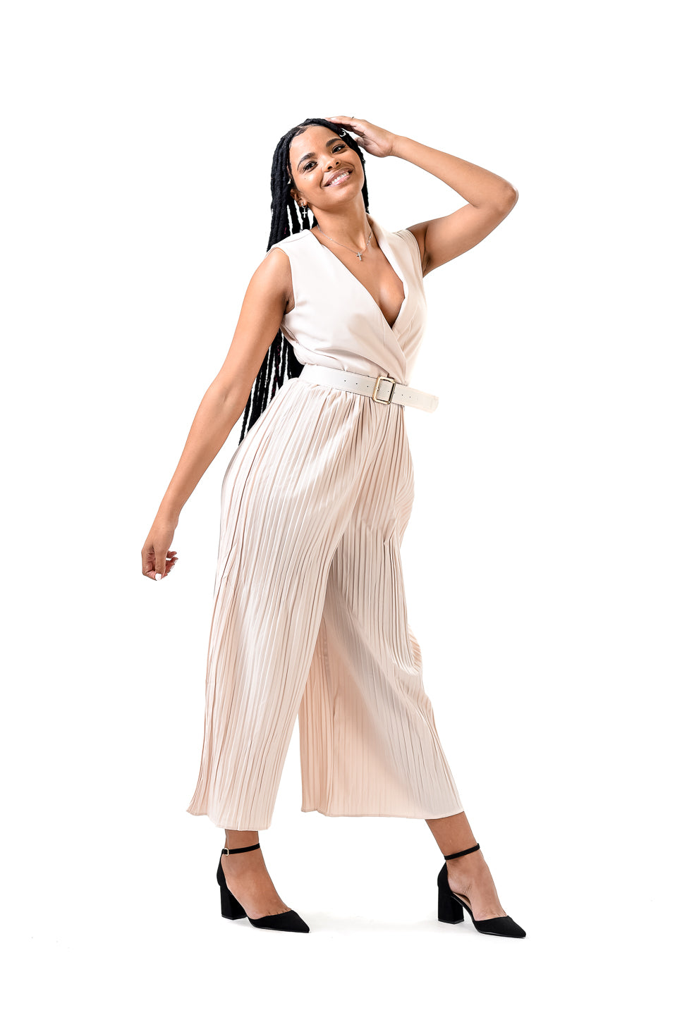 Solid Halter Neck Wide Leg Plisse Jumpsuit