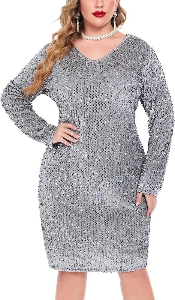 Sparkle Sequin v neck curve mini dress
