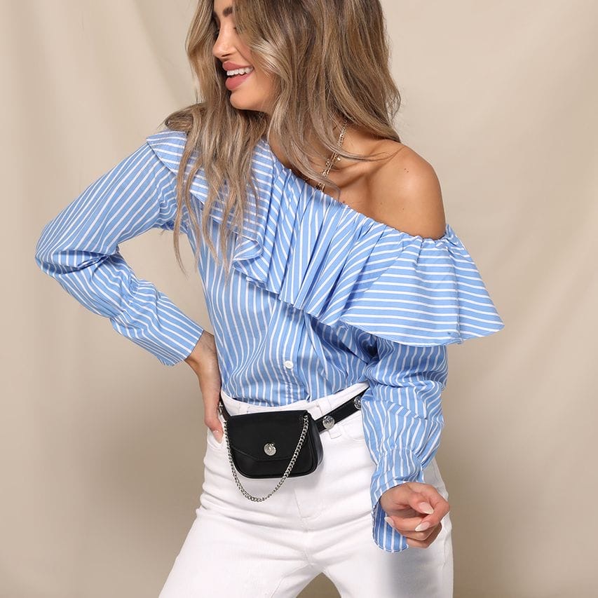 Stripe one off shoulder frill blouse