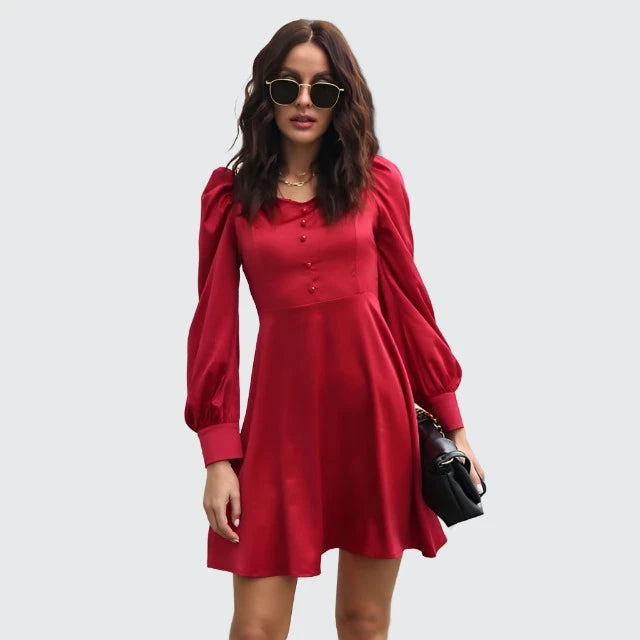 Satin Off Shoulder Puff-Sleeve Dress