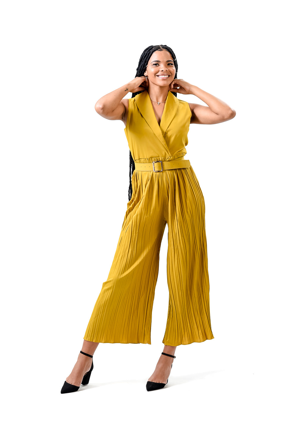 Solid Halter Neck Wide Leg Plisse Jumpsuit