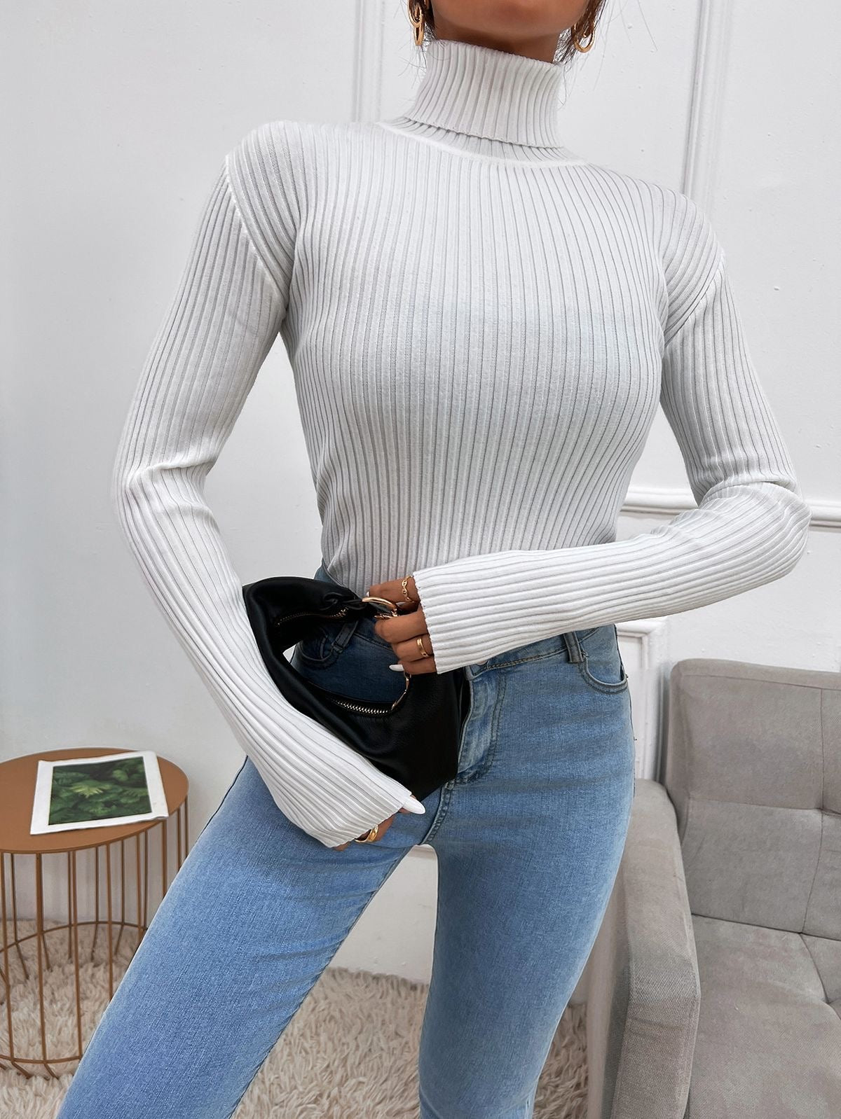 Turtleneck Ribbed Knit Sweater Pullover Jersey