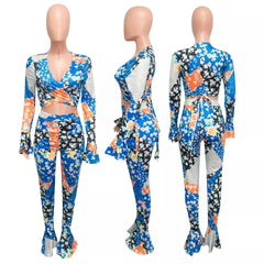 Deep V Neck Long Sleeves Printed Skinny Casual Pants Set (¥13 should be 132pcs)