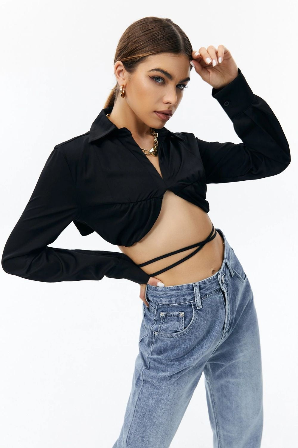 Tie Back Shirt Crop Top