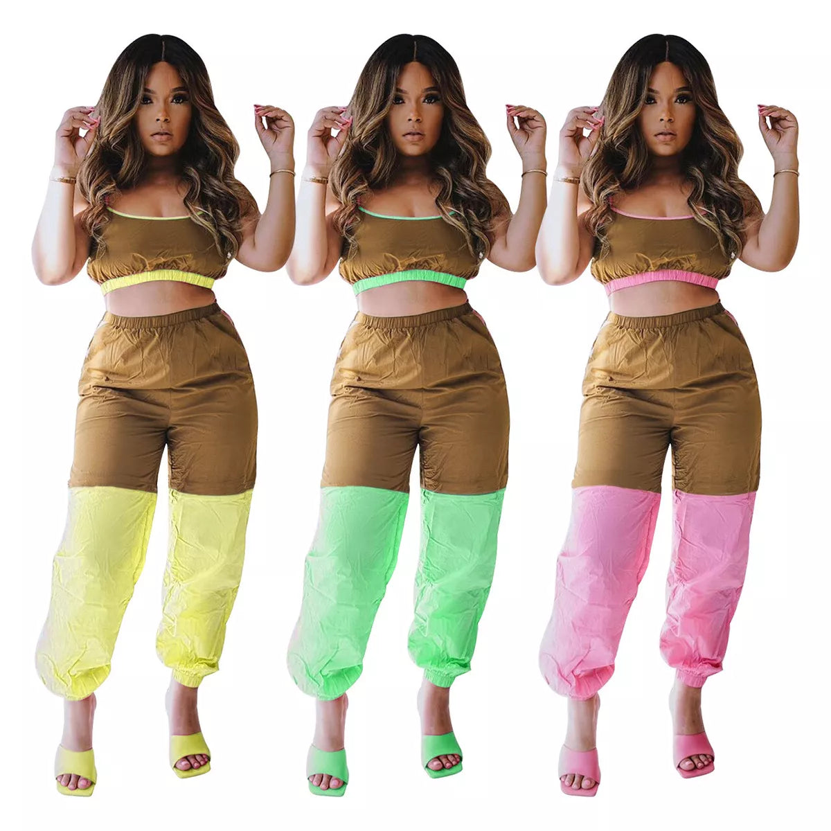 Color Block Patchwork Spaghetti Strap Sport Casual Outfits 2pcs