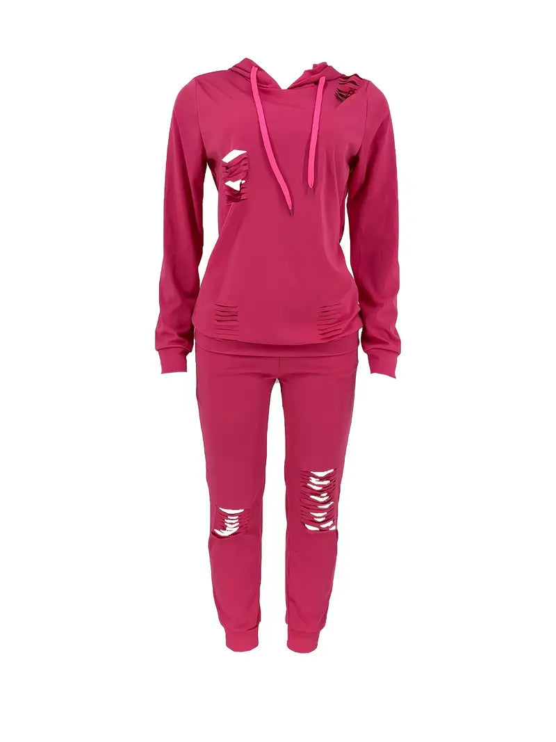 Ripped Solid Long Sleeve Hoodies &  Pants Outfit Set