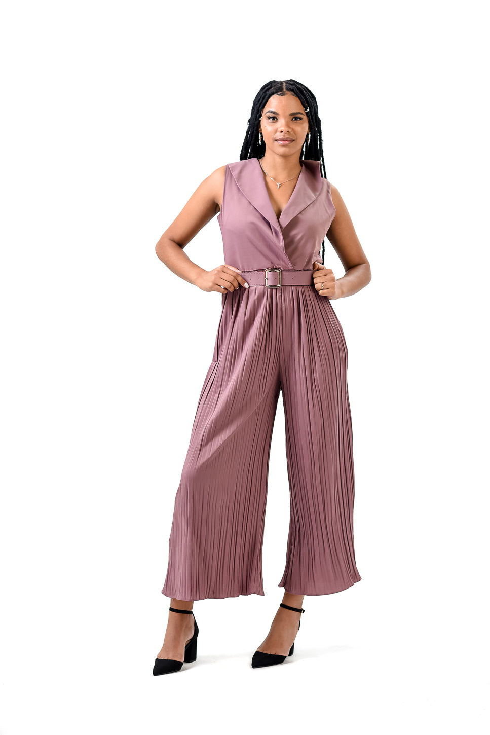 Solid Halter Neck Wide Leg Plisse Jumpsuit