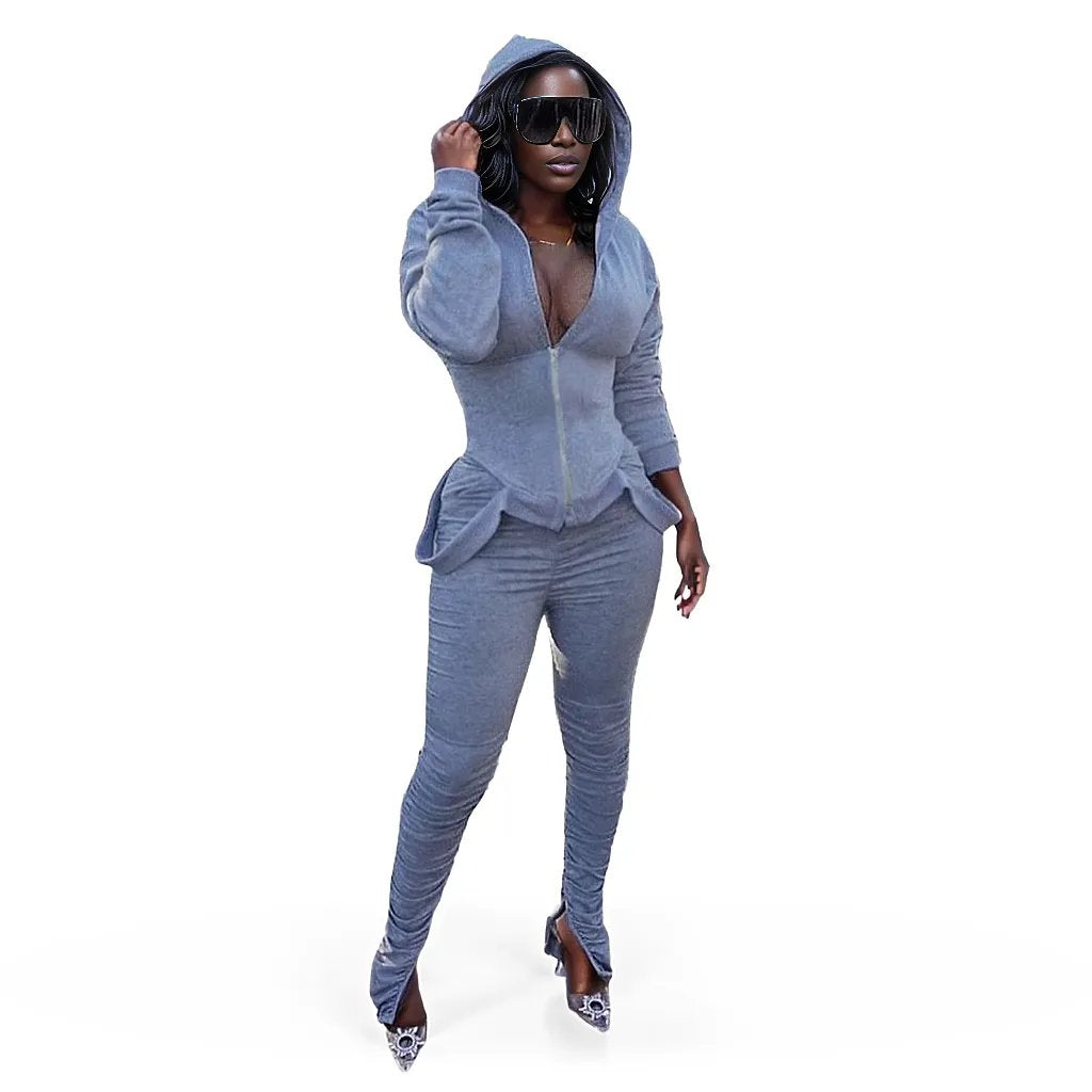 Long Sleeve Hooded Pleated Long Pants Casual Two Piece Set