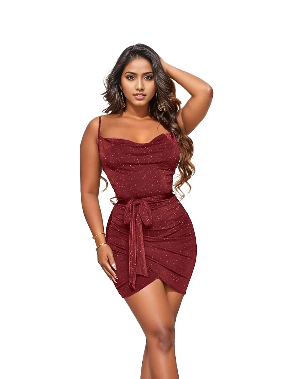 Shiny Belted Sleeveless Hip Bodycon Mini Dress