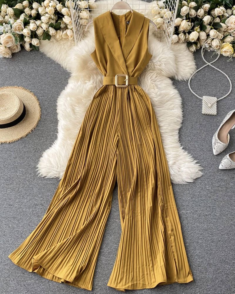 Solid Halter Neck Wide Leg Plisse Jumpsuit