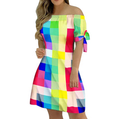 Colourful Colourblock Mini Off Shoulder Dress