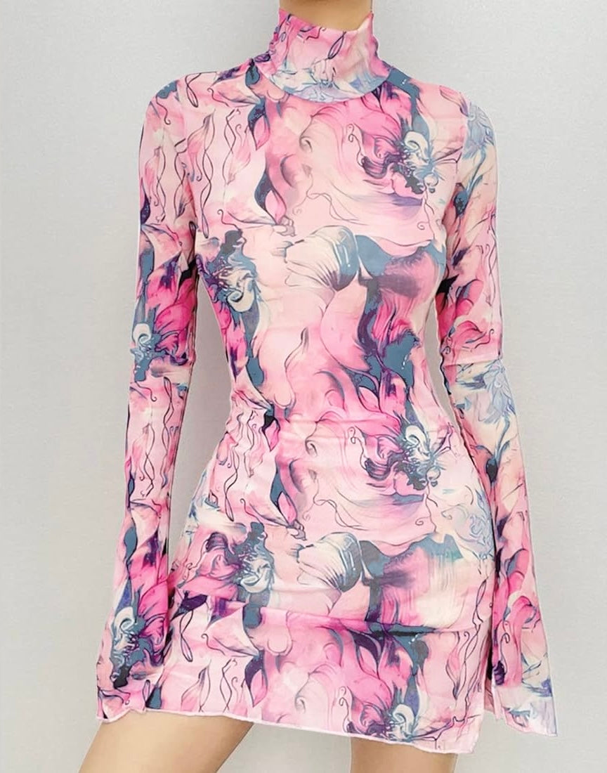 Mesh Printed Round Neck Bell Sleeve Side Open Hip Dress