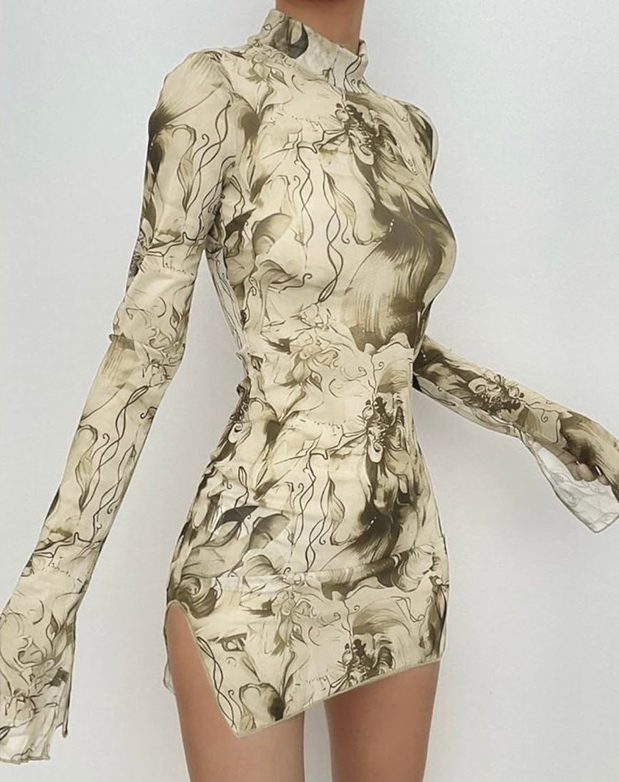 Mesh Printed Round Neck Bell Sleeve Side Open Hip Dress