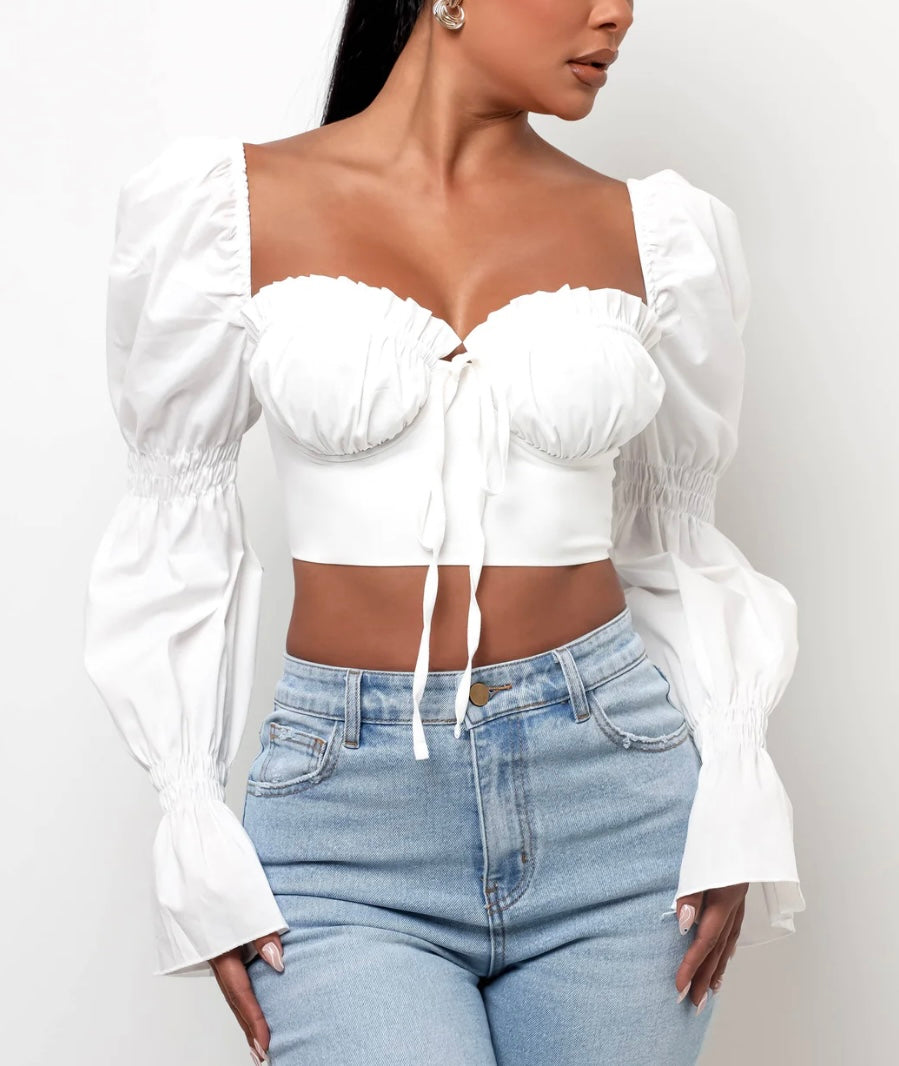 Square neck tie front puff sleeve blouse