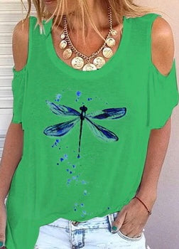 Off-Shoulder Dragonfly Printed T-Shirt