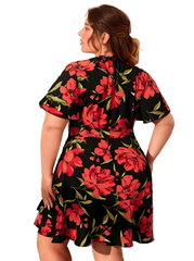 Plus Allover Floral Print Ruffle Hem Dress No Belt